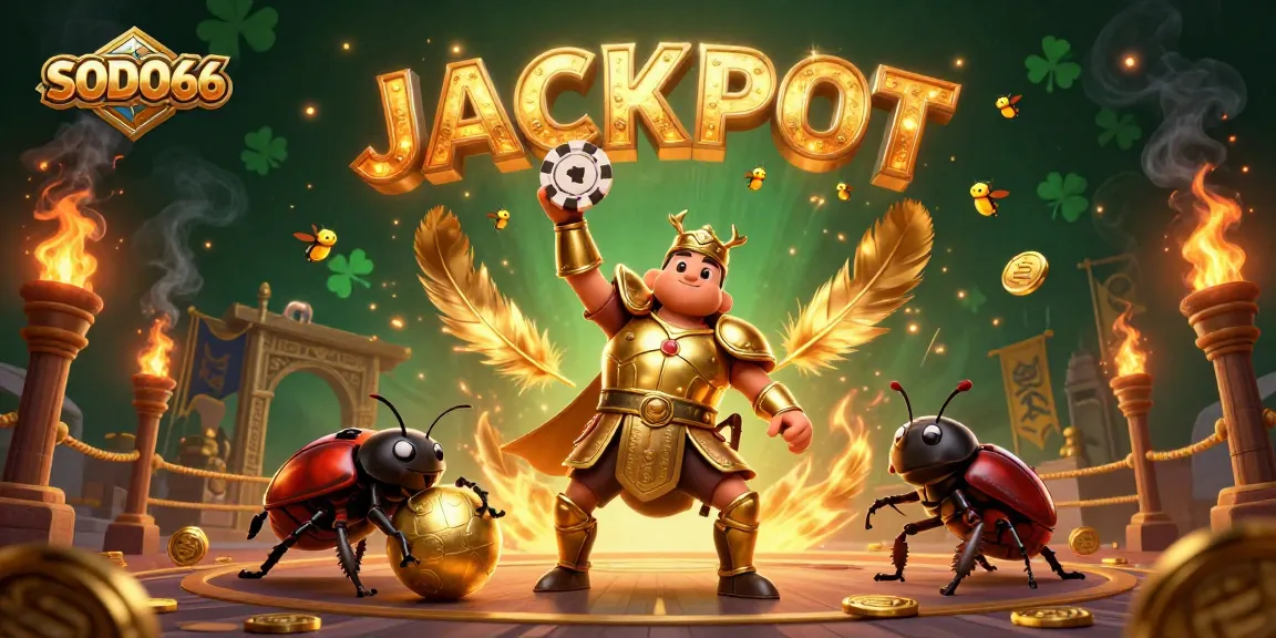 SODO66 showcases thrilling gameplay moments with a heroic beetle, poker chip, and enchanting fireflies during a jackpot celebration.