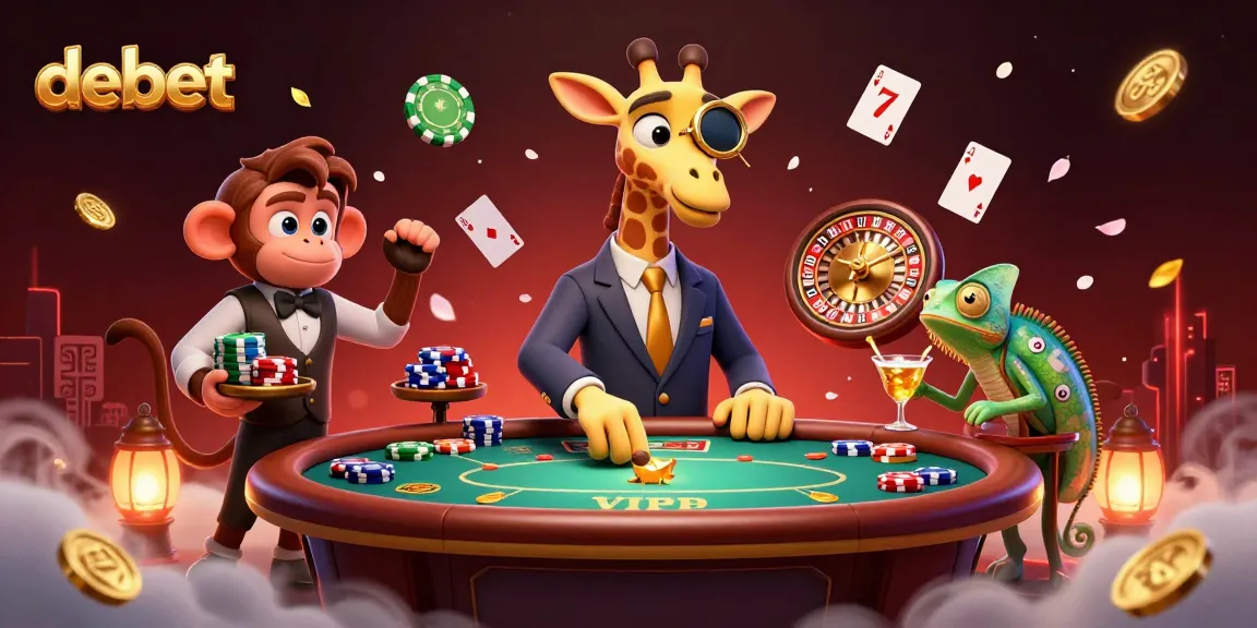 Experience high-stakes poker with debet's giraffe in a suit, chips, and vibrant casino elements.