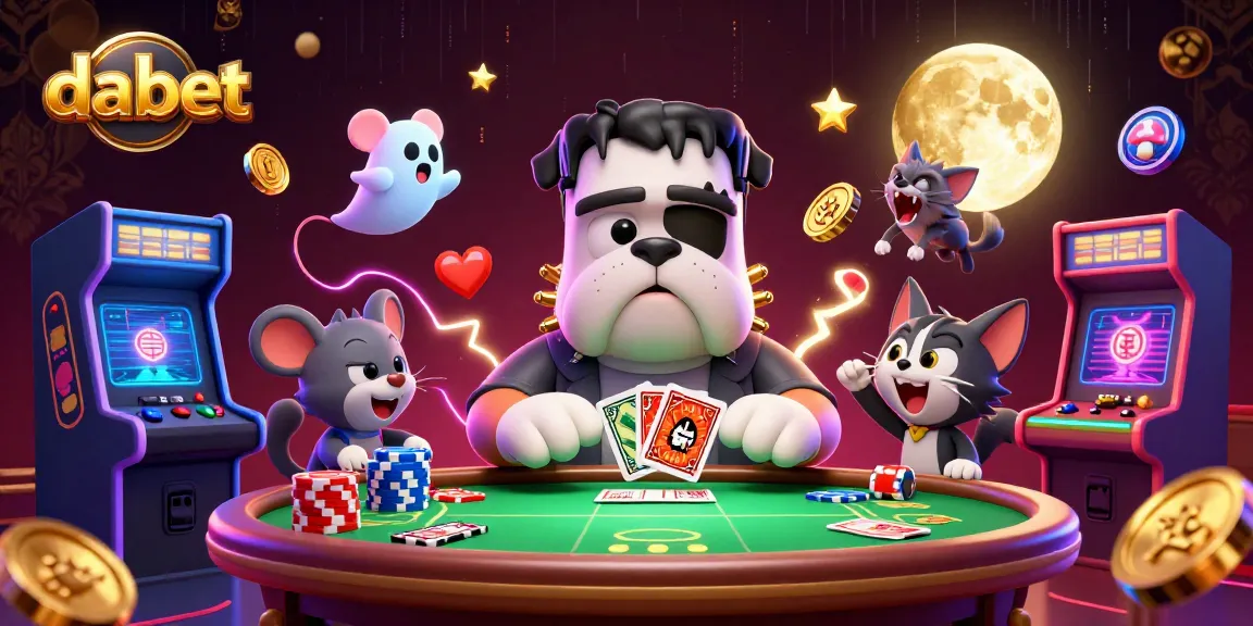 Engage with dabet through 3D cartoon characters in a vibrant, lively casino scene.