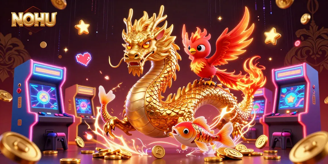 Experience the thrill at NOHU with a dynamic scene of gaming elements and mythical creatures.