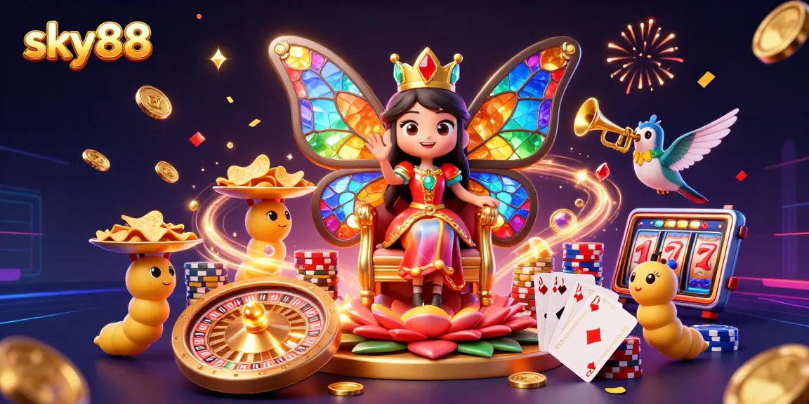 Experience the vibrant and dynamic world of sky88 with a captivating 3D illustration featuring casino elements.