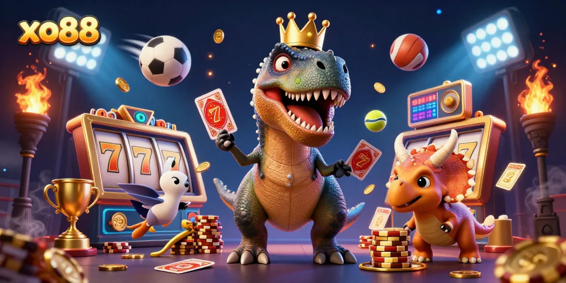 Engage with the thrilling xo88 casino experience featuring playful dinosaurs in a 3D illustration.