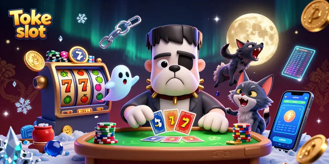 Toke slot highlights thrilling gameplay with a cartoon bulldog dealer and ghost mouse at a slot table.