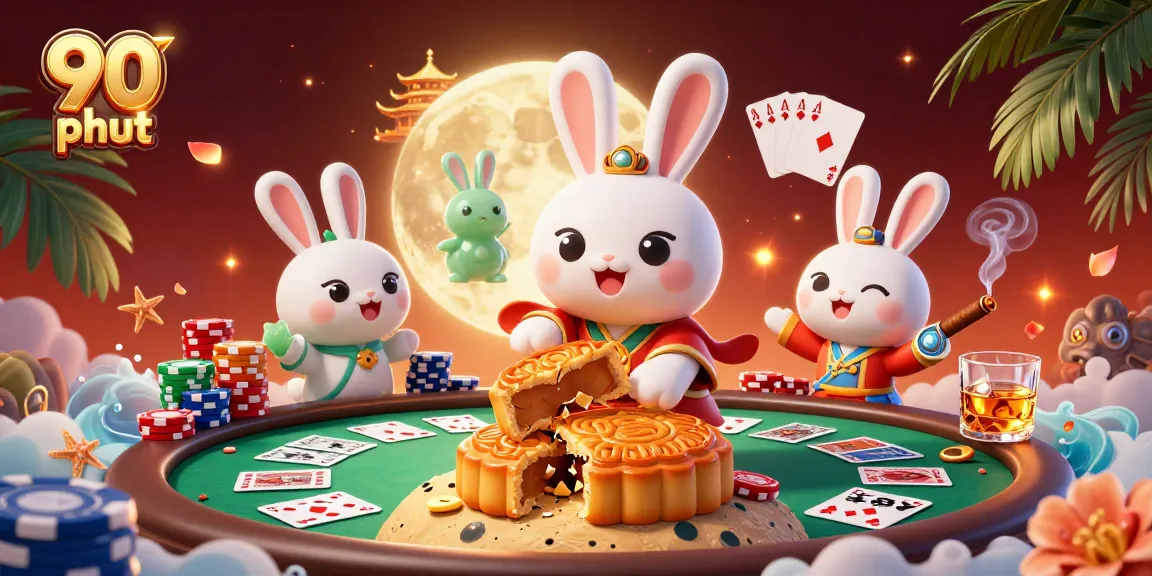 Experience the excitement of 90 phut with a vibrant 3D illustration of rabbits in a lunar casino.