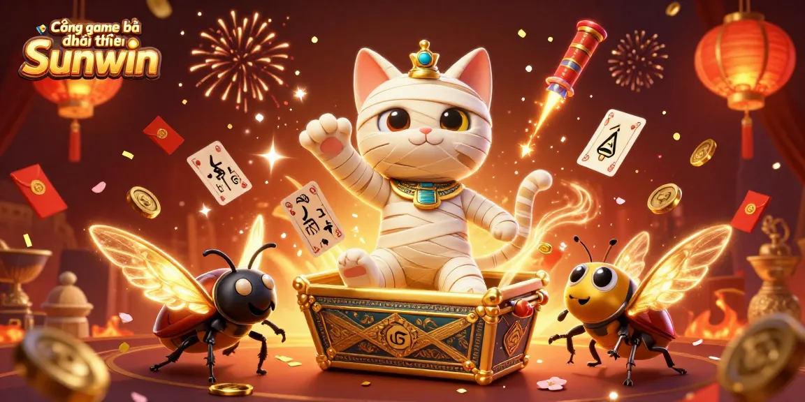 Cổng game bài đổi thưởng Sunwin showcases a vibrant scene of a 3D Egyptian mummy cat in a lively casino bursting with festive elements.