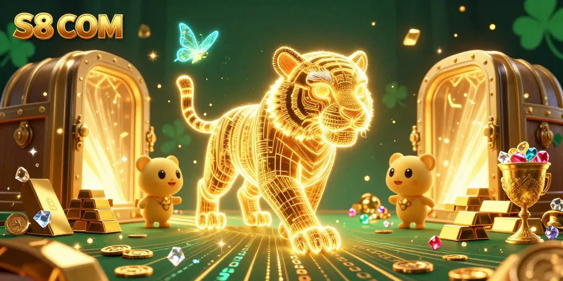 Engage with S8 COM in a vibrant casino scene featuring a golden tiger and dynamic treasures.
