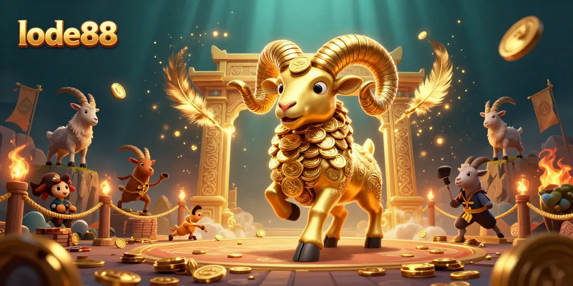 Engage with the thrilling lode88 experience, where a golden ram charges through a vibrant casino scene.