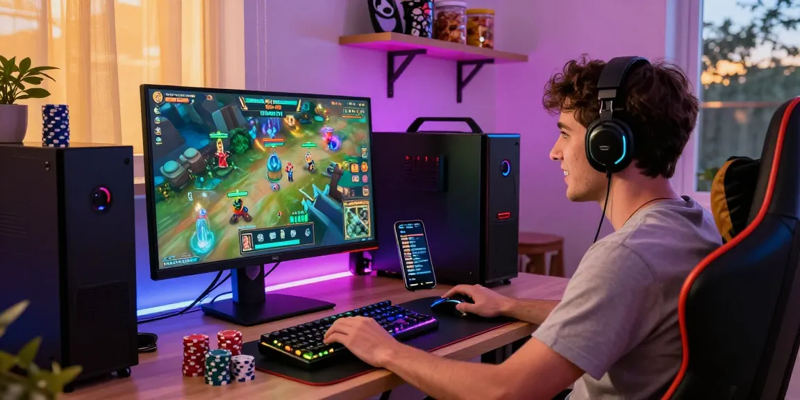 Slot Gacor Malam Ini captured in vibrant online gaming setup with an enthusiastic player enjoying gameplay.