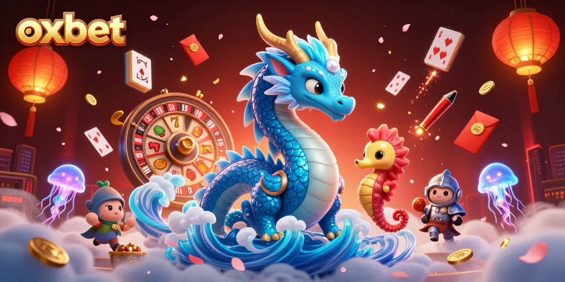 Play exciting games with oxbet, featuring an azure water dragon and vibrant casino elements.