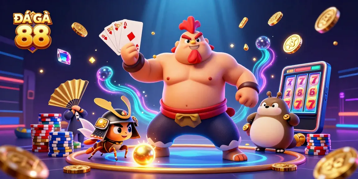 Engage in ĐÁ GÀ 88 with powerful rooster and cricket in a vibrant 3D casino scene.