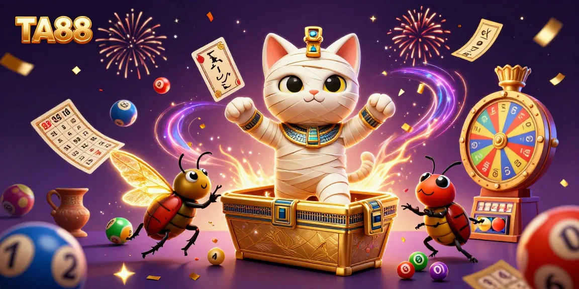 TA88 captures excitement as an Egyptian mummy cat bursts from a golden sarcophagus in a vibrant casino