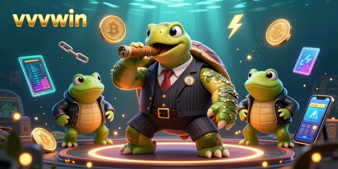 Engage with vvvwin's vibrant casino adventure featuring a turtle and bullfrogs among neon crypto elements.