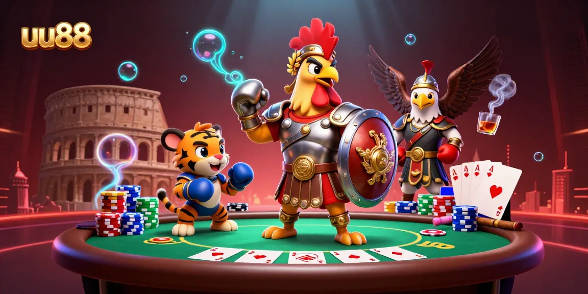 uu88 gaming scene with a cartoon rooster and tiger cub battling in a casino arena.