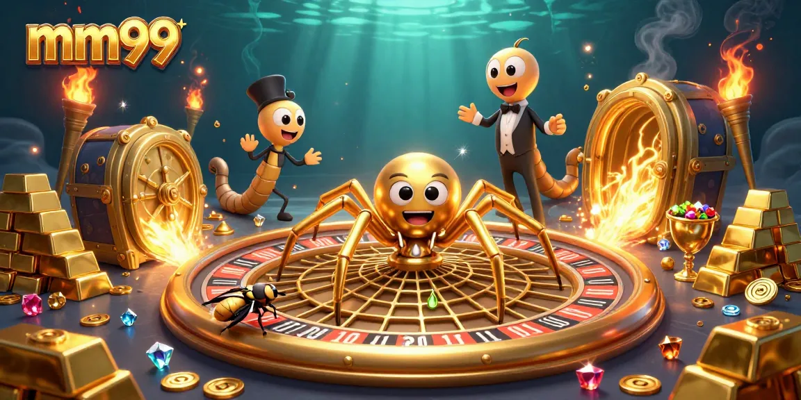 Betting at mm99 with a golden spider and centipede dealer amidst treasure and roulette elements.