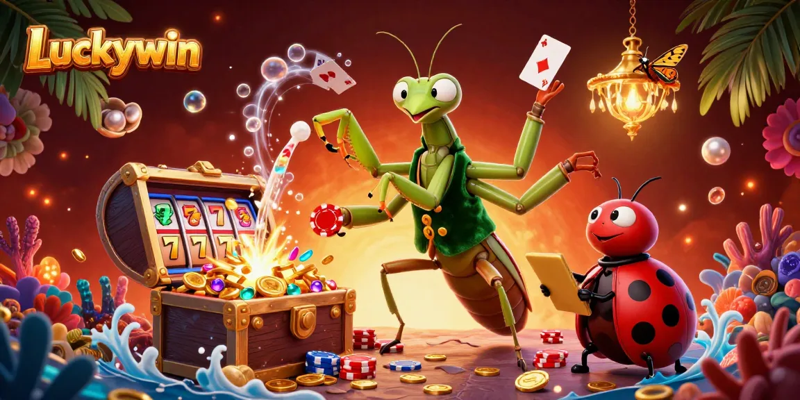 Experience winning thrills at Luckywin with a vibrant casino scene featuring a mantis dealer, slot reels, and lively gems.