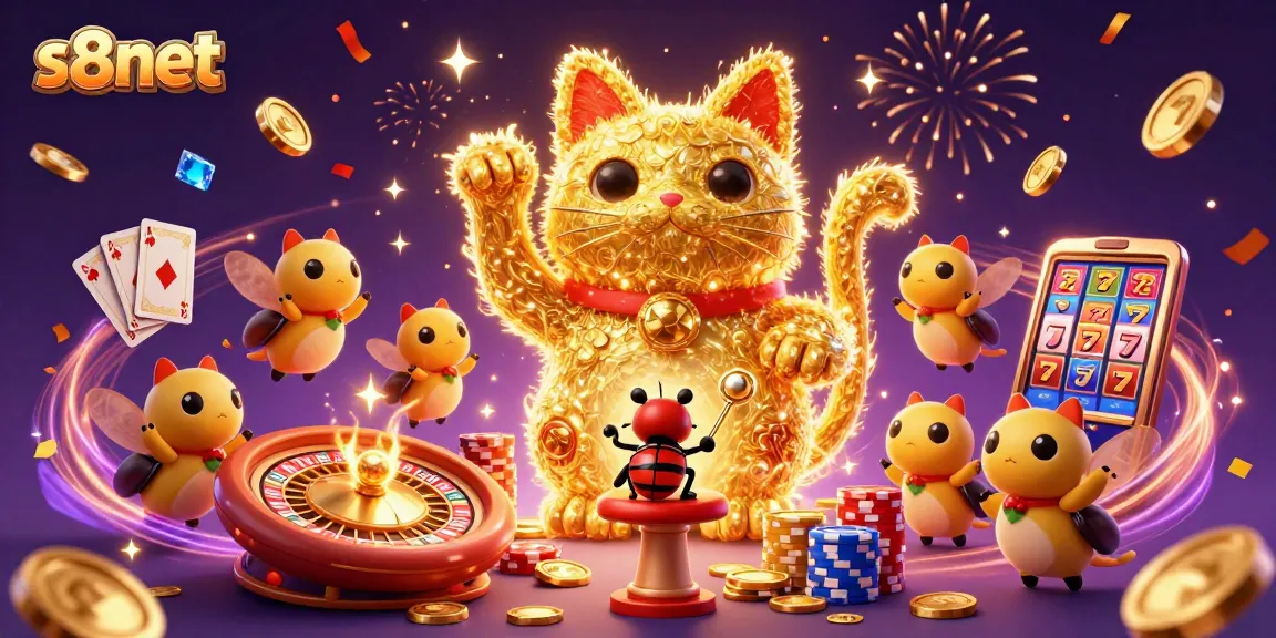 Experience the excitement at s8net with a lucky cat and casino symbols in vibrant 3D illustration.