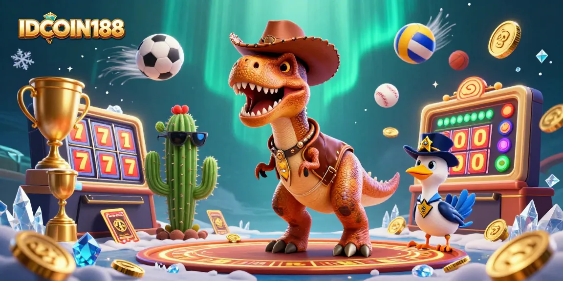 IDCOIN188 casino experience with a T-Rex cowboy, cactus, and roadrunner amidst lively gaming elements.