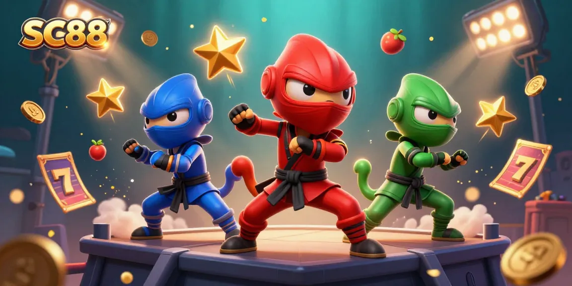 Experience the vibrant excitement of SC88's synchronized chameleon ninjas in an action-packed casino scene.