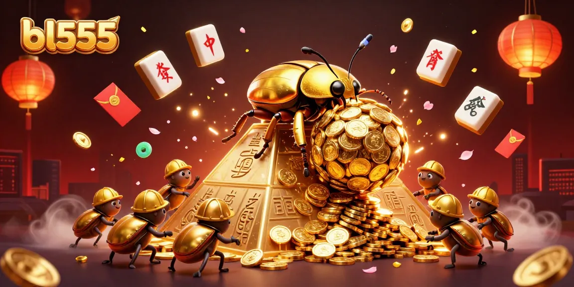 Spin to win at bl555 with golden beetles rolling coins in a vibrant casino atmosphere.