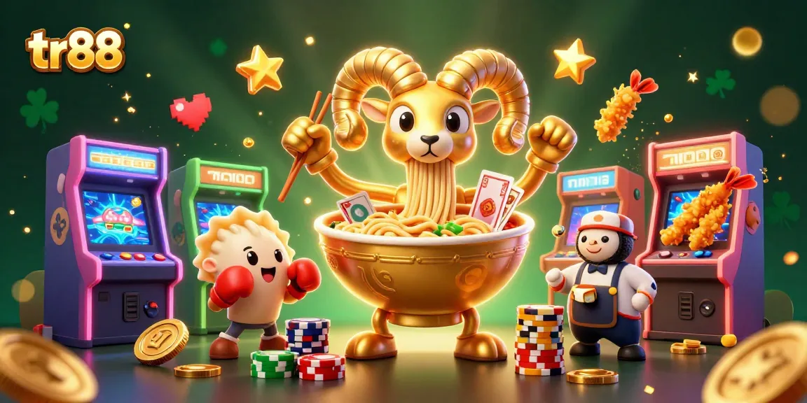 tr88’s vibrant casino scene featuring a golden ramen bowl and dynamic dealers winning at games.