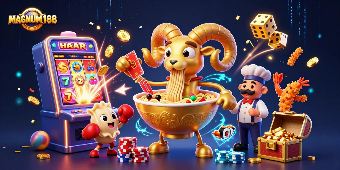 Spin to win with MAGNUM188 featuring a vibrant 3D carnival of casino games and playful characters.