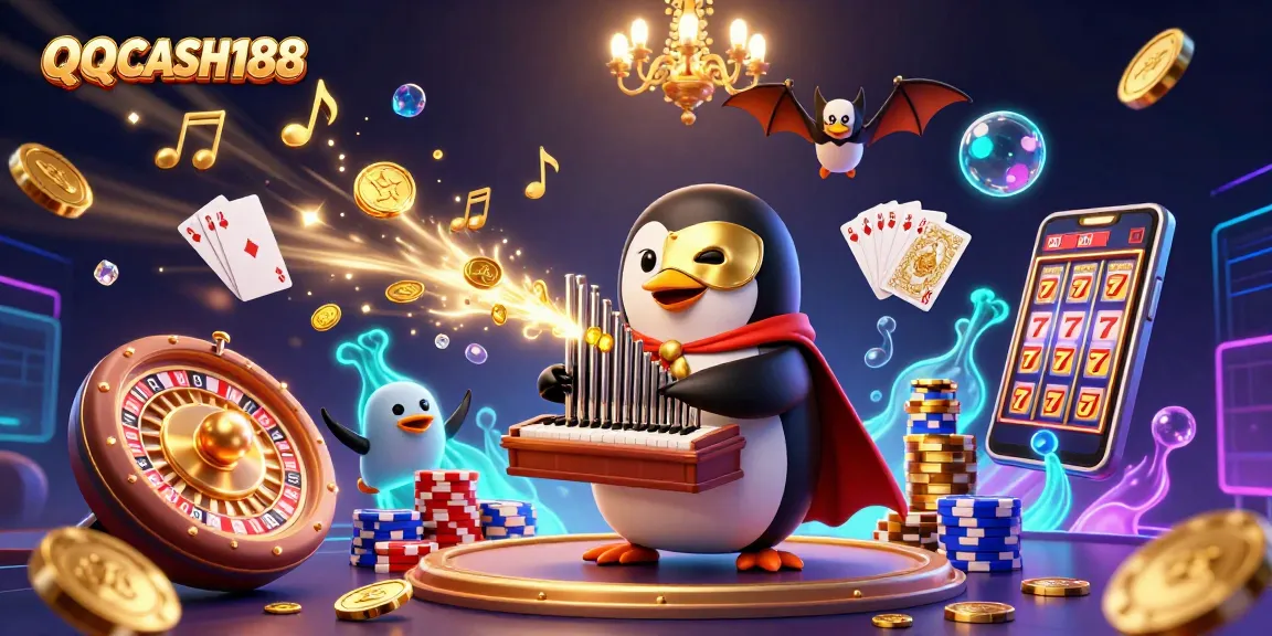 Experience thrilling gameplay with QQCASH188 in a vibrant casino scene featuring golden coins, slots, and poker elements.