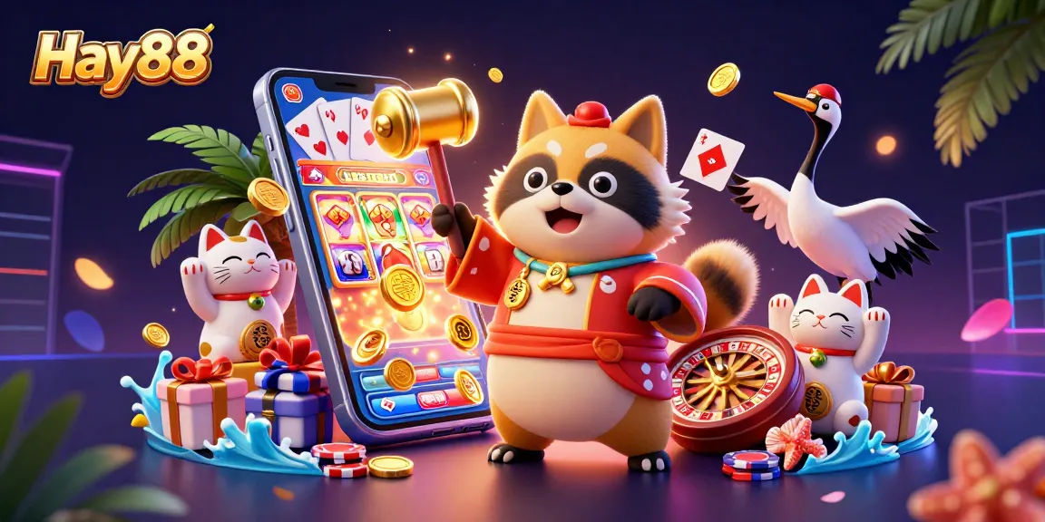 Experience Hay88's vibrant gaming world with a cheerful tanuki, crane, and maneki-neko in a lively 3D casino scene.