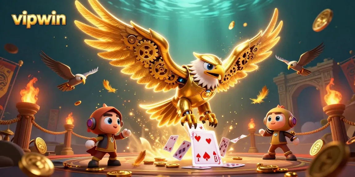 Experience thrilling gameplay at vipwin with a vibrant 3D casino scene featuring golden eagle and cards.