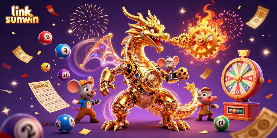 Experience the excitement of link sunwin with a vibrant lottery-themed illustration featuring characters and dynamic elements.