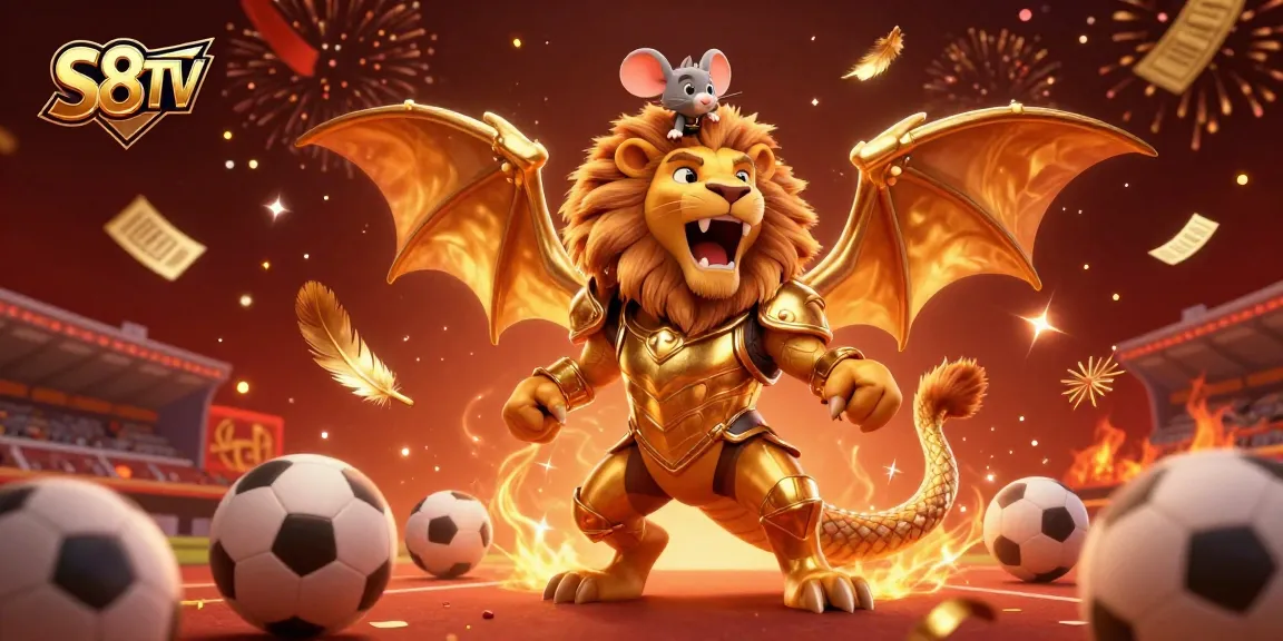 S8TV features a dynamic sports betting scene with a roaring chimera and a mouse jockey, surrounded by betting elements.