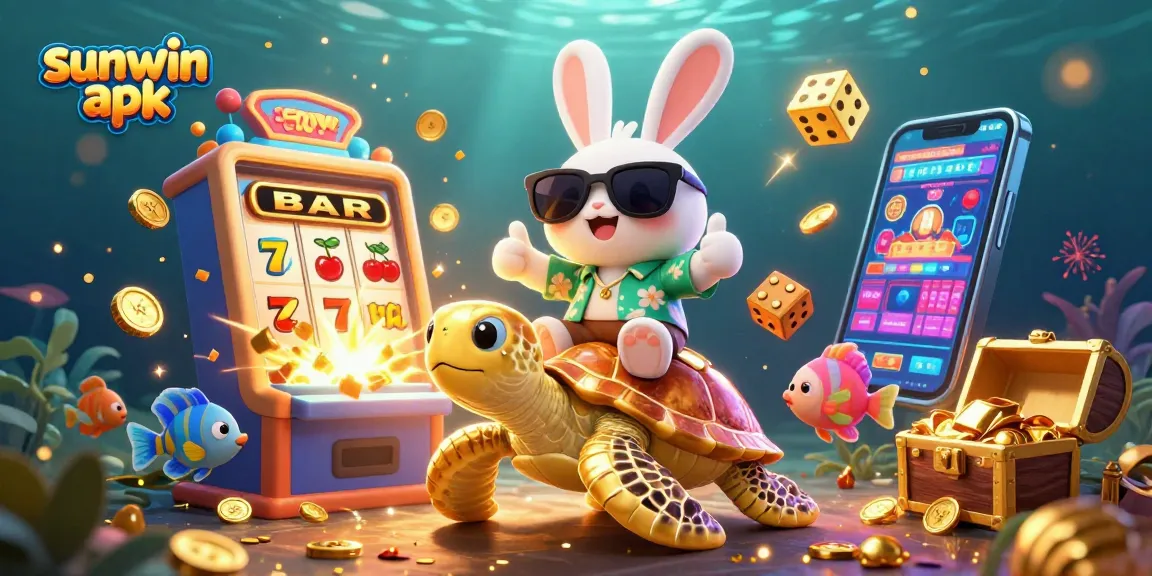Spin and win with sunwin apk: cartoon rabbit and turtle celebrate jackpot in vibrant casino scene.