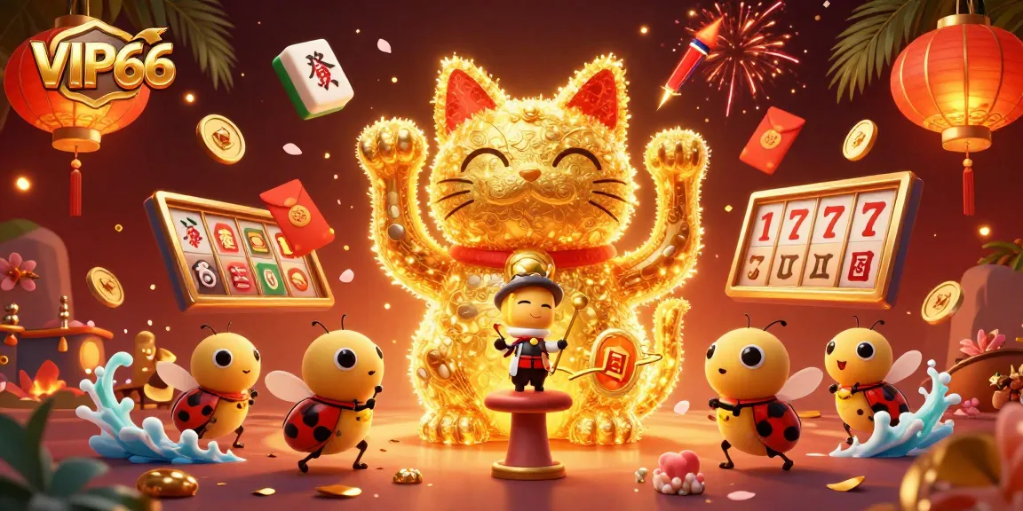 Experience VIP66 with a vibrant illustration of a lucky cat and casino symbols in an engaging scene.