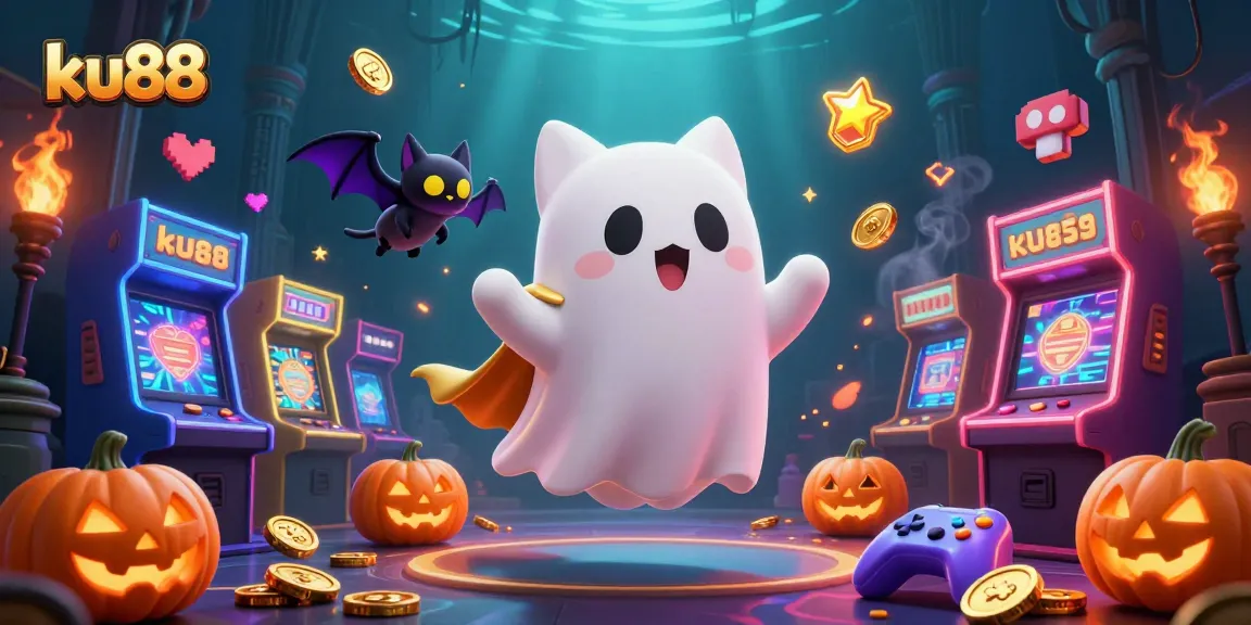 Engage with ku88 through a whimsical 3D casino scene featuring a ghost cat and glowing jack-o-lanterns.