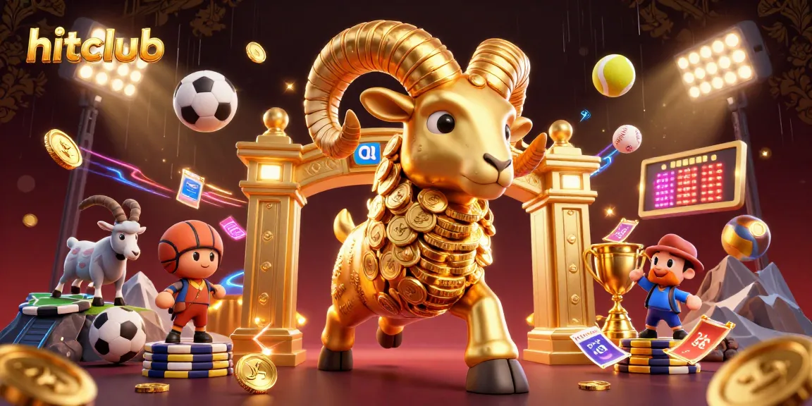 Hitclub showcases an energetic casino scene with a golden ram and flying sports elements.