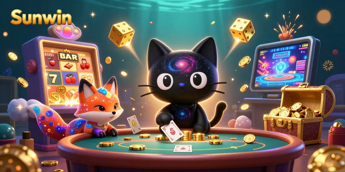 Experience Sunwin's cosmic casino with a black hole cat and nebula fox winning golden chips.