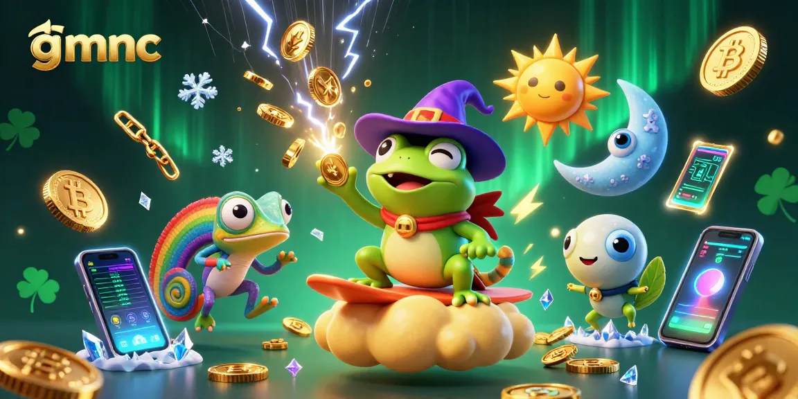 Experience thrilling gmnc action with a wizard frog conjuring gold coins amidst vibrant crypto elements.