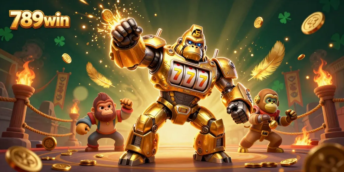Engage in thrilling 789win action with a dynamic casino scene featuring a golden gorilla mech, complete with jackpots and vibrant game elements.