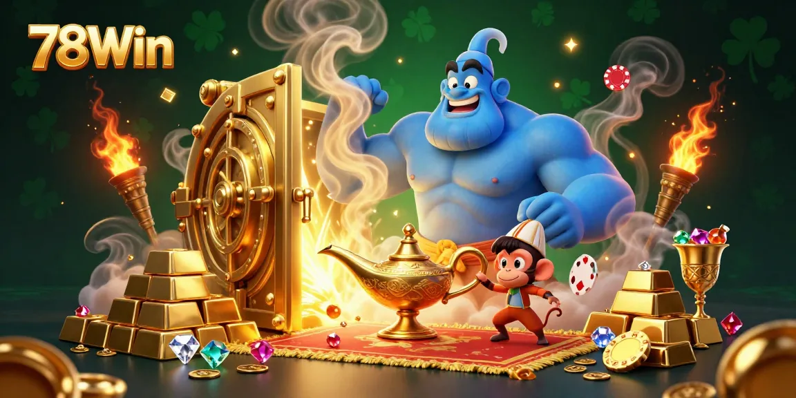 Experience the enchantment of 78Win with a genie and poker chips amidst treasures in a magical casino scene.