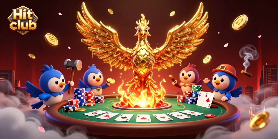 Engage in the Hit club experience with a vibrant poker scene featuring a molten phoenix.