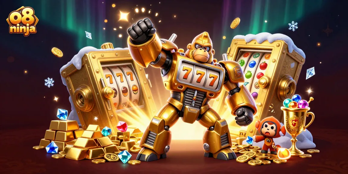 Experience thrilling slots action with o8 ninja's golden gorilla mech surrounded by jewels and treasures!