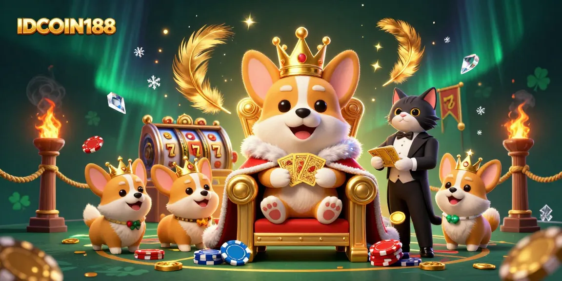 Experience the thrilling world of IDCOIN188 with a royal corgi and golden card deck amidst slot reels.