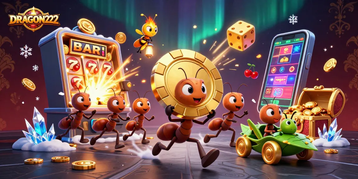 Experience thrilling wins with DRAGON222 as cartoon ants embark on a heist for golden poker chips!