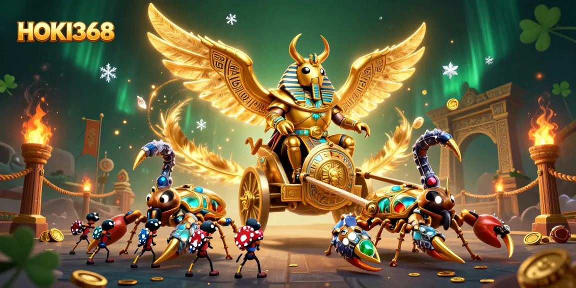 Immerse yourself in thrilling action with HOKI368's vibrant gaming scene featuring a colossal golden scarab.