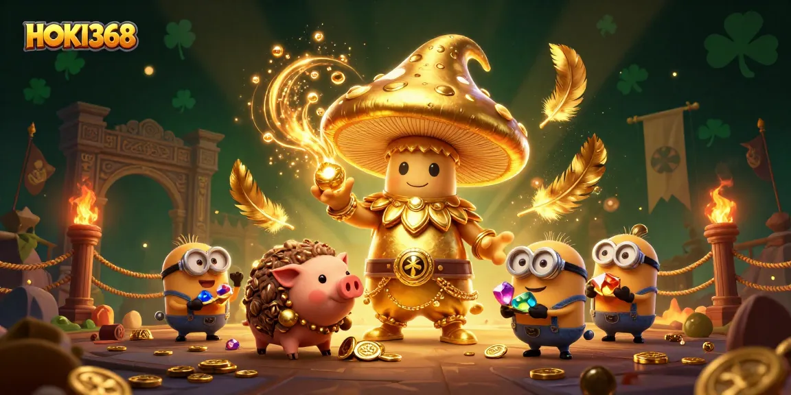 Experience the magic of HOKI368 with a golden mushroom wizard in a treasure-filled casino environment.
