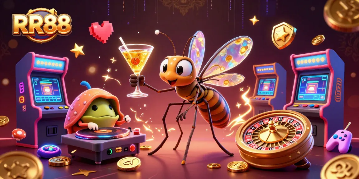 RR88 brings thrilling casino action alive in this visual of a 3D frozen mosquito mascot and vibrant gaming elements.