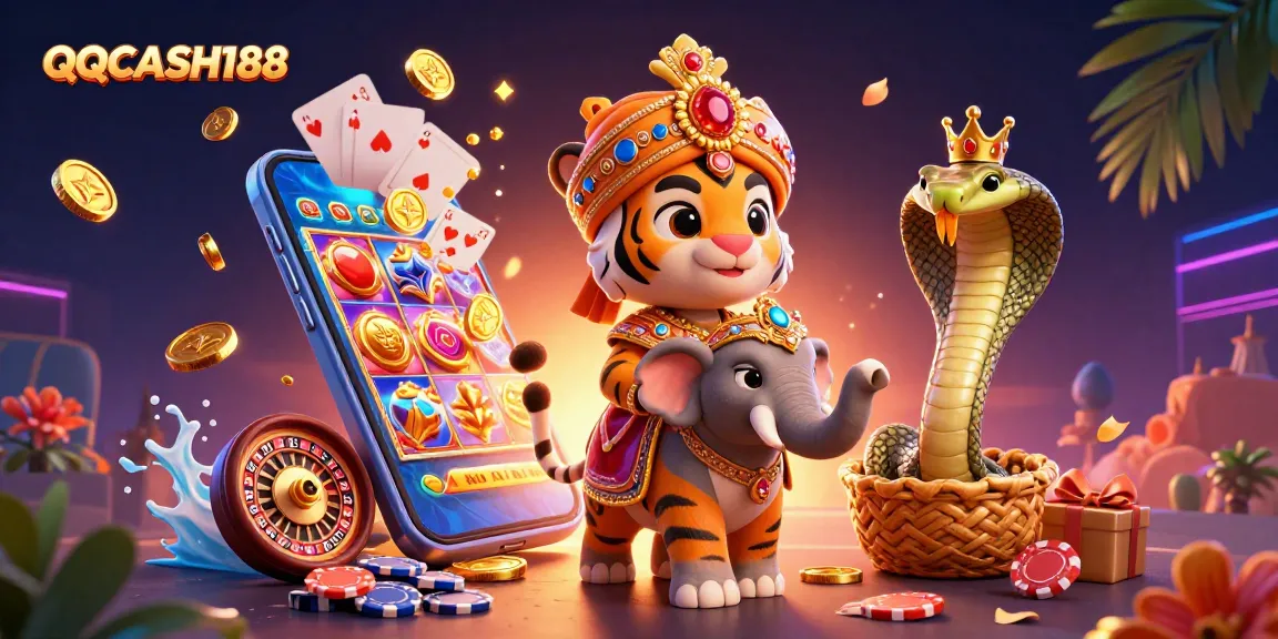 Engage with QQCASH188's thrilling gaming experience through a vibrant depiction of online casino elements.