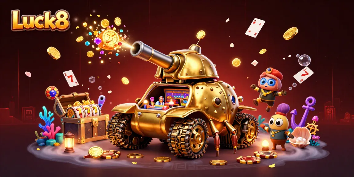 Experience the thrill of Luck8 with a dynamic 3D casino scene featuring gold and games.