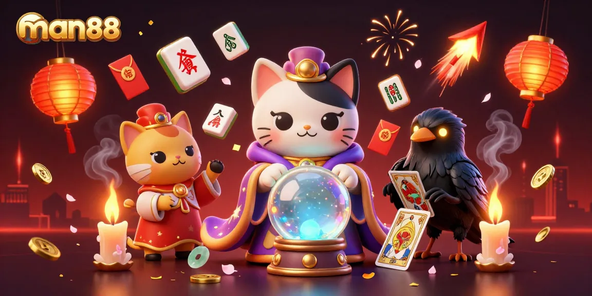 Engage in thrilling gameplay with man88, featuring vibrant fortune teller, raven, and magical symbols.