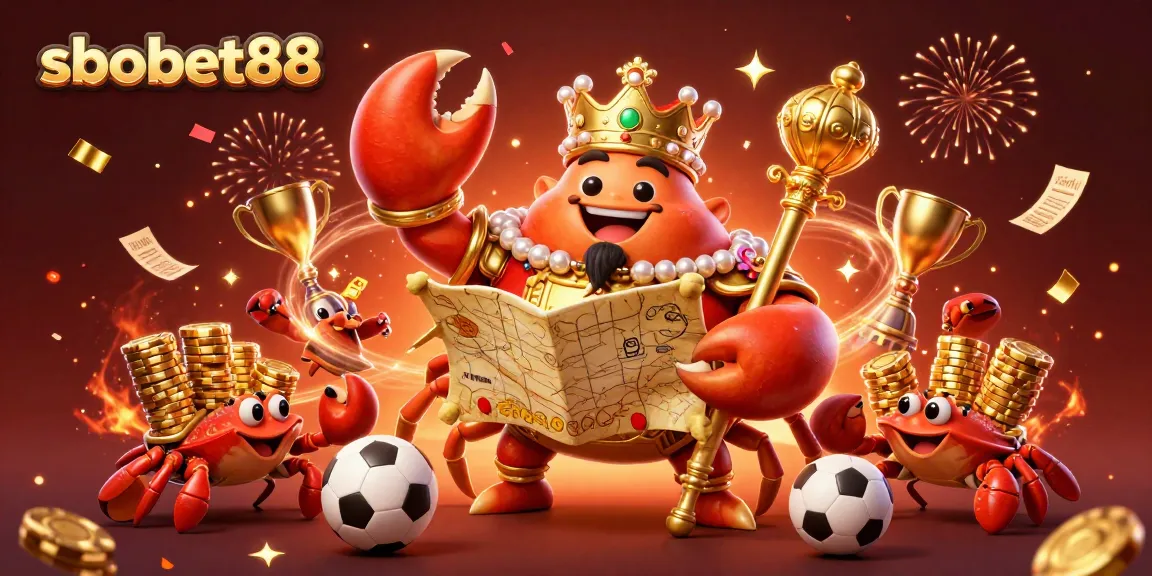 Celebrate wins with sbobet88 as the golden crab emperor leads the gambling adventure amidst sports symbols.