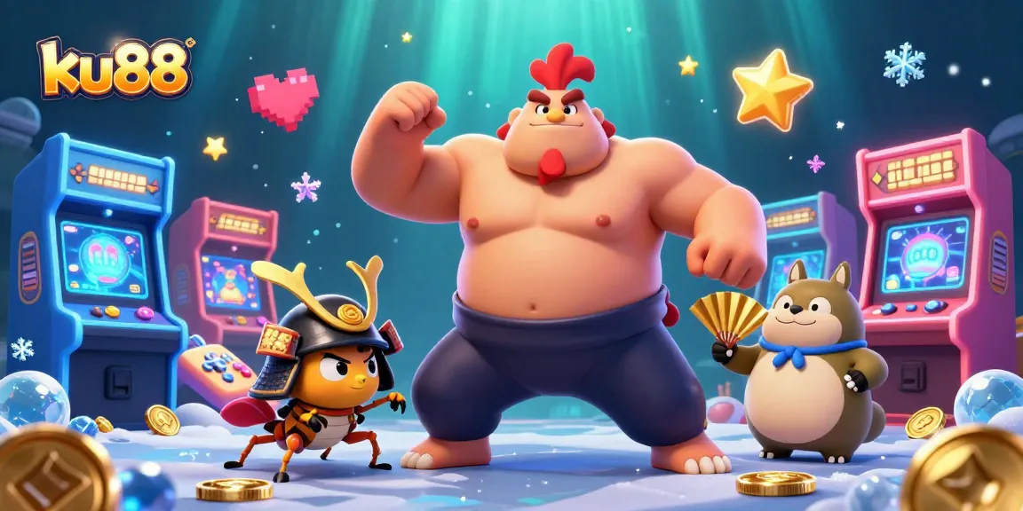 Join the excitement with ku88 as your powerful rooster sumo wrestler stomps in a vibrant casino scene!